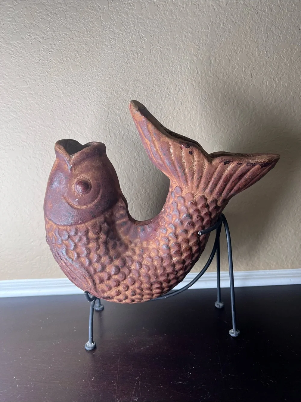 Vintage 1970s Mexican Barro Rojo Fish Planter on Custom Iron Stand
